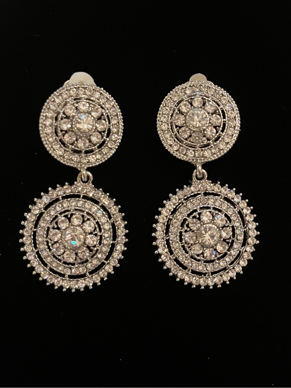 VINTAGE Silver Double-Drop Rhinestone Earrings - Clip On